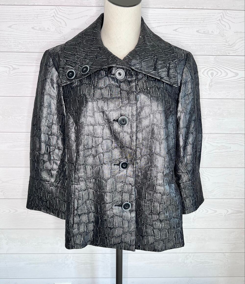Tribal Vintage Gray Metallic Crinkle Jacket Faux Croc Print Size 14